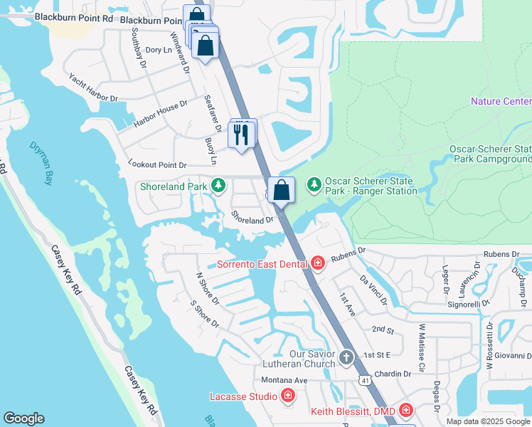 map of restaurants, bars, coffee shops, grocery stores, and more near 19 Westview Drive in Osprey