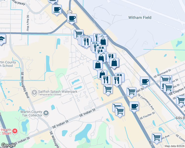map of restaurants, bars, coffee shops, grocery stores, and more near 2811 Southeast Birmingham Drive in Stuart