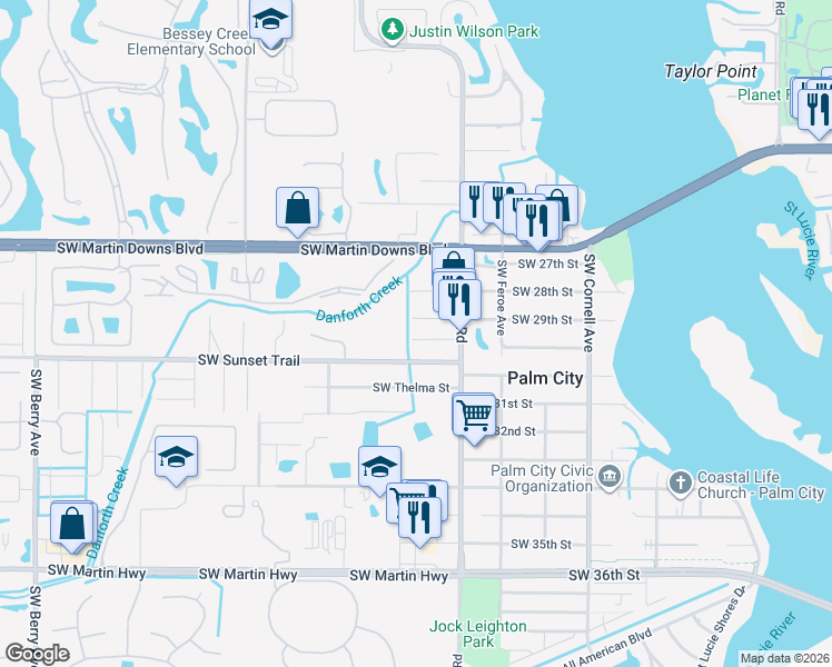 map of restaurants, bars, coffee shops, grocery stores, and more near 1325 Southwest 29th Street in Palm City