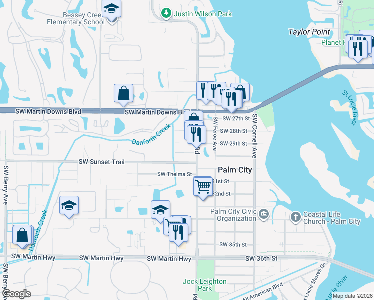 map of restaurants, bars, coffee shops, grocery stores, and more near 1325 Southwest 29th Street in Palm City