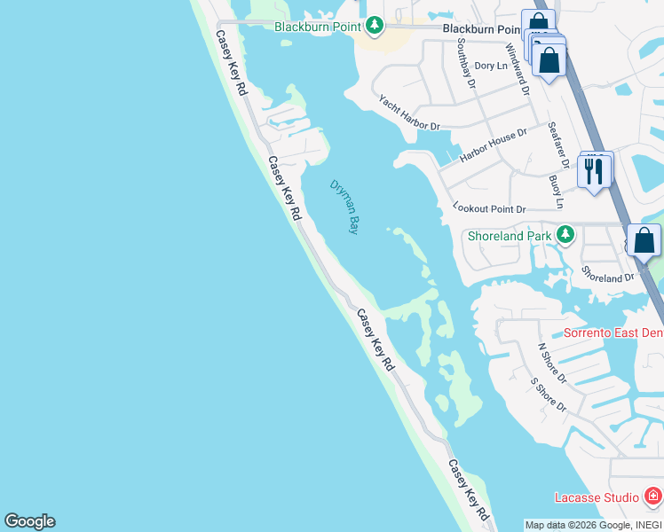 map of restaurants, bars, coffee shops, grocery stores, and more near 3240 Casey Key Road in Nokomis