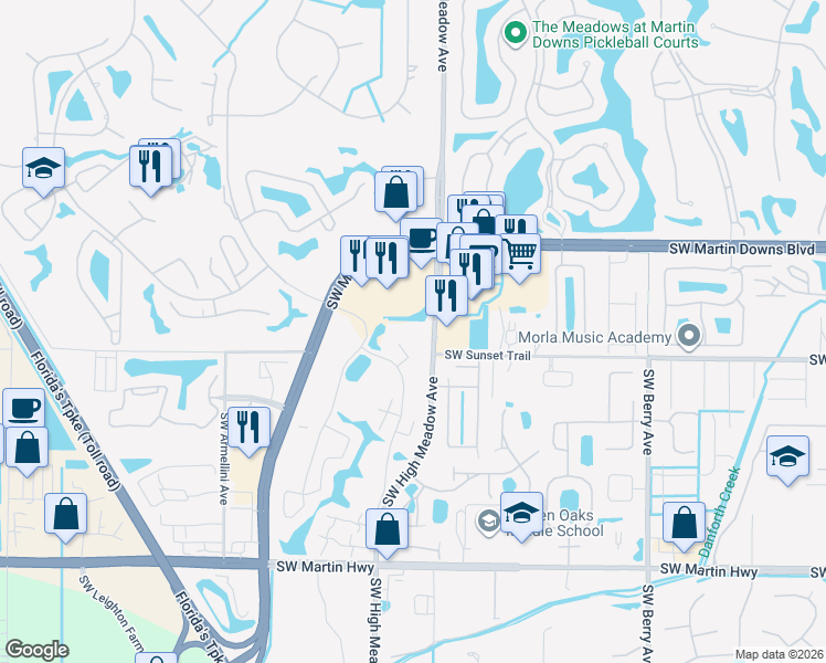 map of restaurants, bars, coffee shops, grocery stores, and more near 3722 Southwest Sunset Trace Circle in Palm City