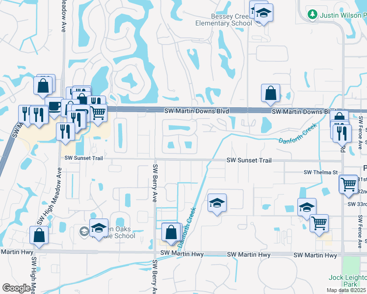 map of restaurants, bars, coffee shops, grocery stores, and more near 2899 Southwest Shinnecock Hills Court in Palm City