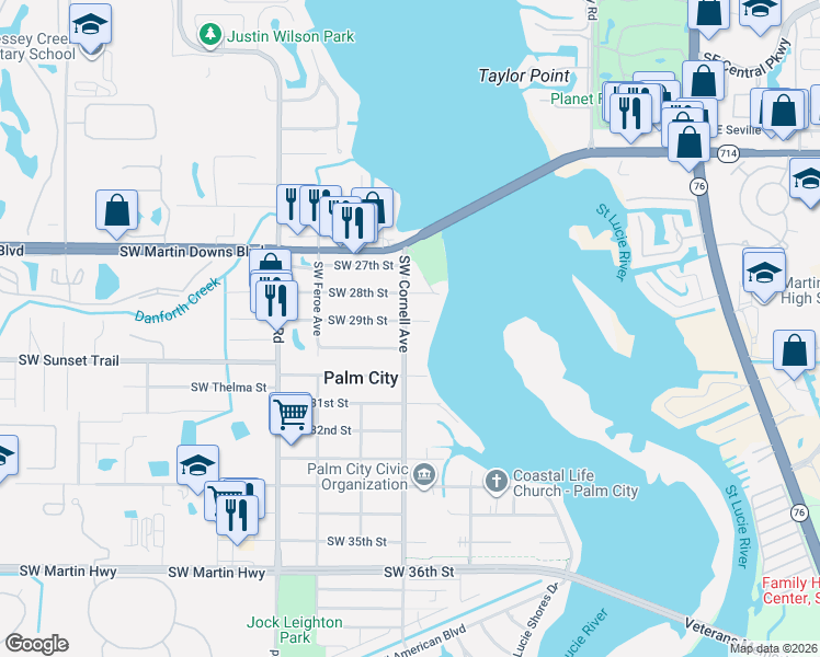 map of restaurants, bars, coffee shops, grocery stores, and more near 794 Southwest 29th Street in Palm City