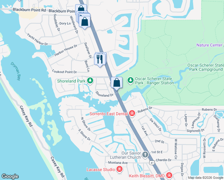 map of restaurants, bars, coffee shops, grocery stores, and more near 19 Westview Drive in Osprey