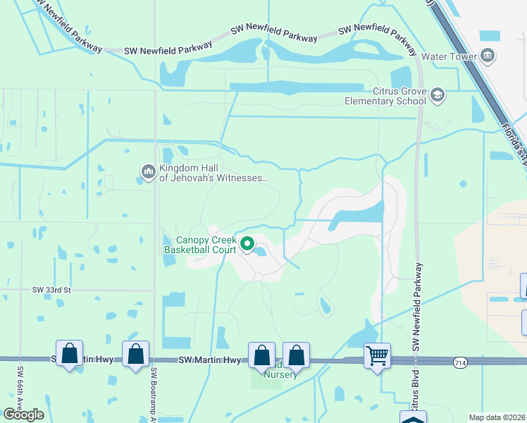 map of restaurants, bars, coffee shops, grocery stores, and more near 5407 Southwest Pomegranate Way in Palm City