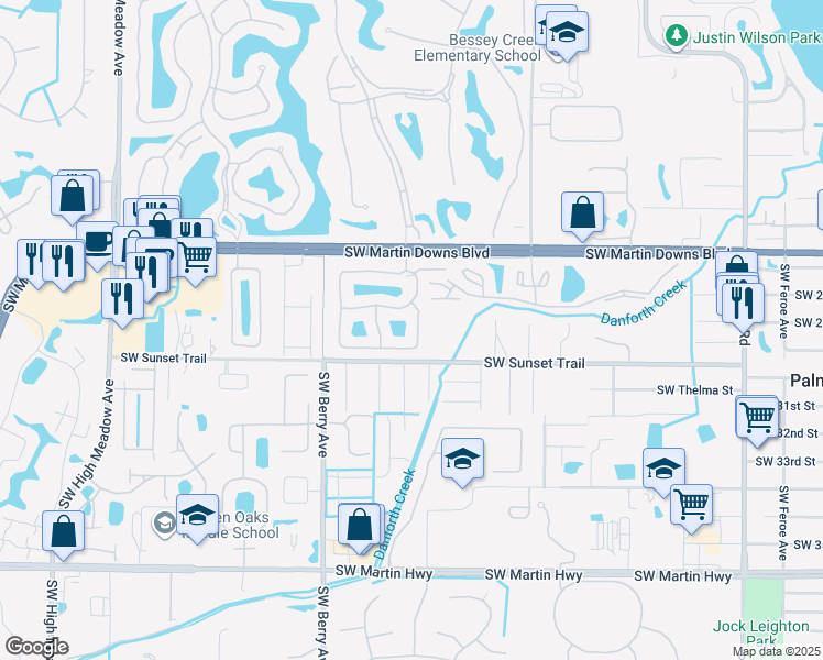 map of restaurants, bars, coffee shops, grocery stores, and more near 2899 Southwest Shinnecock Hills Court in Palm City