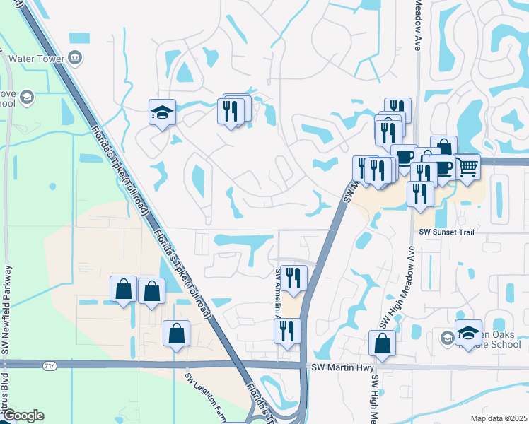 map of restaurants, bars, coffee shops, grocery stores, and more near 3624 Southwest Quail Meadow Trail in Palm City