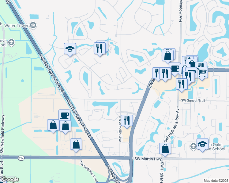 map of restaurants, bars, coffee shops, grocery stores, and more near 3664 Southwest Quail Meadow Trail in Palm City