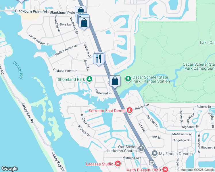 map of restaurants, bars, coffee shops, grocery stores, and more near 19 Westview Drive in Osprey