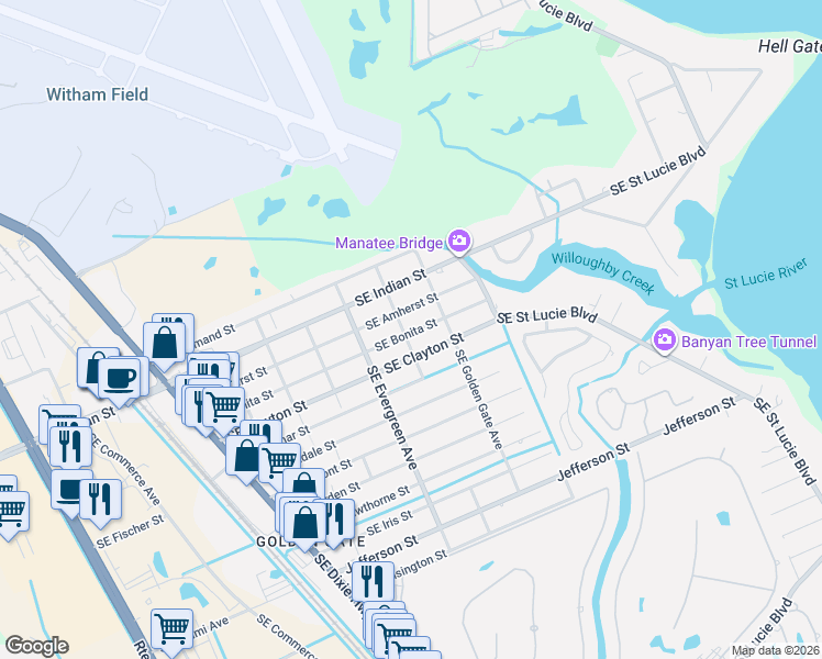 map of restaurants, bars, coffee shops, grocery stores, and more near 3016 Southeast Bonita Street in Stuart