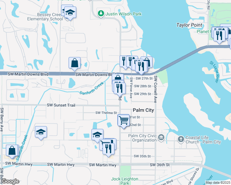 map of restaurants, bars, coffee shops, grocery stores, and more near in Palm City