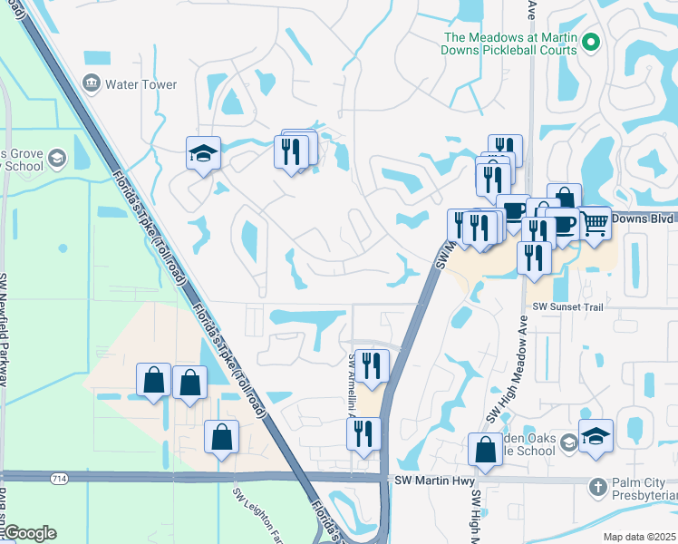map of restaurants, bars, coffee shops, grocery stores, and more near 3624 Southwest Quail Meadow Trail in Palm City