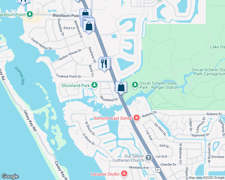 map of restaurants, bars, coffee shops, grocery stores, and more near 19 Westview Drive in Osprey