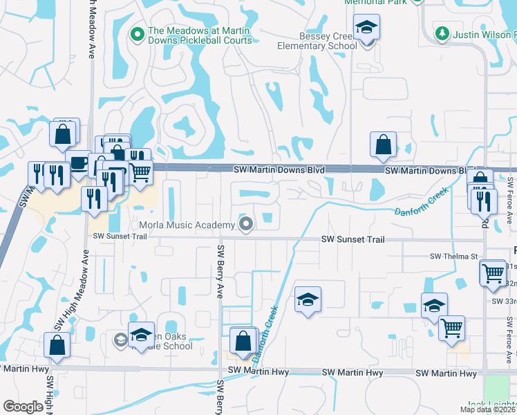 map of restaurants, bars, coffee shops, grocery stores, and more near 2899 Southwest Shinnecock Hills Court in Palm City