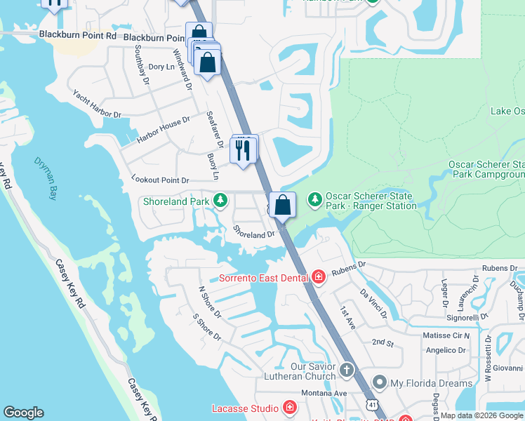 map of restaurants, bars, coffee shops, grocery stores, and more near 19 Westview Drive in Osprey