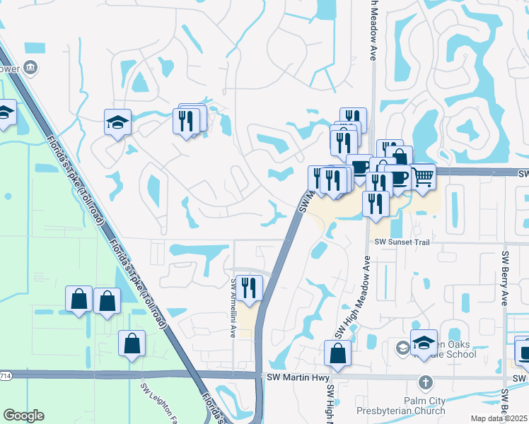 map of restaurants, bars, coffee shops, grocery stores, and more near 2584 Southwest Willowood Circle in Palm City