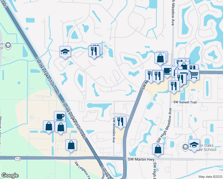 map of restaurants, bars, coffee shops, grocery stores, and more near 3501 Southwest Quail Meadow Trail in Palm City