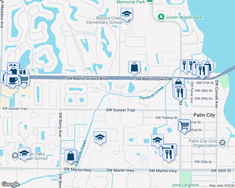 map of restaurants, bars, coffee shops, grocery stores, and more near 2733 Southwest Matheson Avenue in Palm City