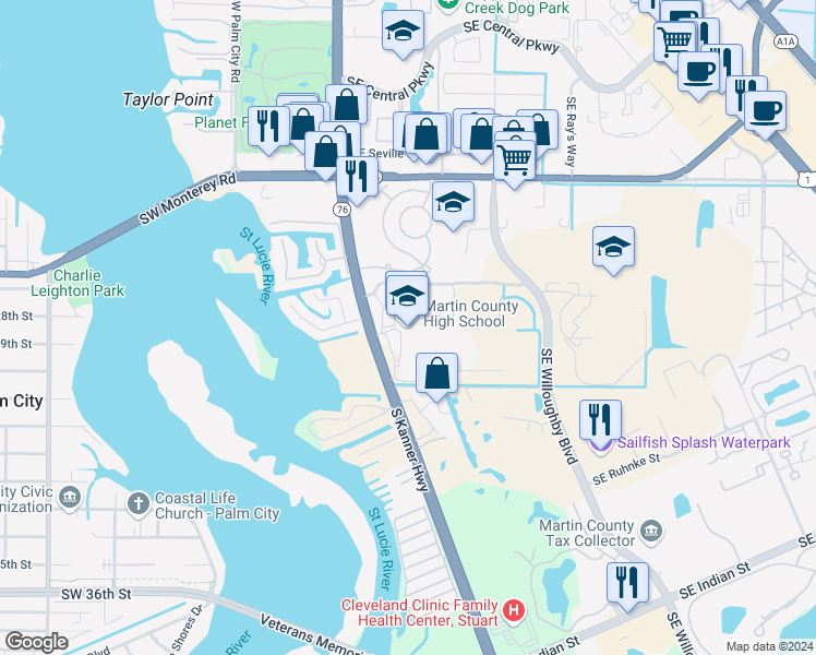 map of restaurants, bars, coffee shops, grocery stores, and more near 2801 South Kanner Highway in Stuart