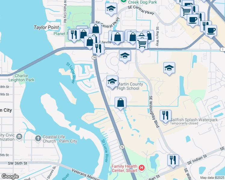 map of restaurants, bars, coffee shops, grocery stores, and more near 2801 South Kanner Highway in Stuart