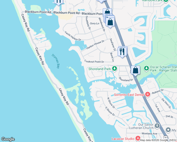 map of restaurants, bars, coffee shops, grocery stores, and more near 376 South Creek Drive in Osprey