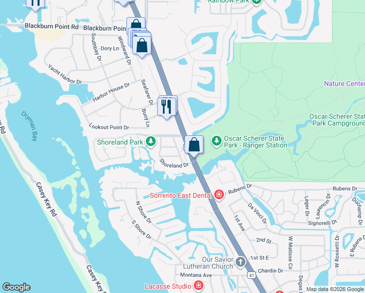 map of restaurants, bars, coffee shops, grocery stores, and more near 1801 Highland Road in Osprey