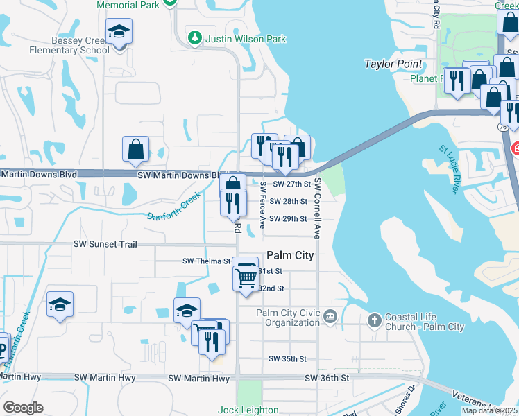 map of restaurants, bars, coffee shops, grocery stores, and more near 2836 Southwest Feroe Avenue in Palm City