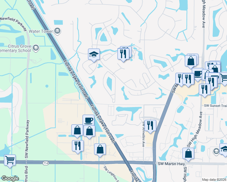 map of restaurants, bars, coffee shops, grocery stores, and more near 2953 Southwest Westlake Circle in Palm City