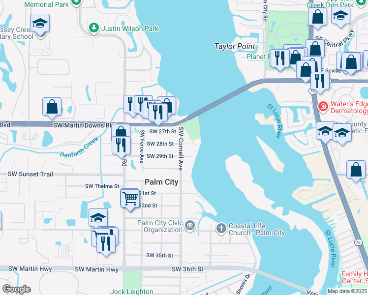 map of restaurants, bars, coffee shops, grocery stores, and more near 771 Southwest 28th Street in Palm City