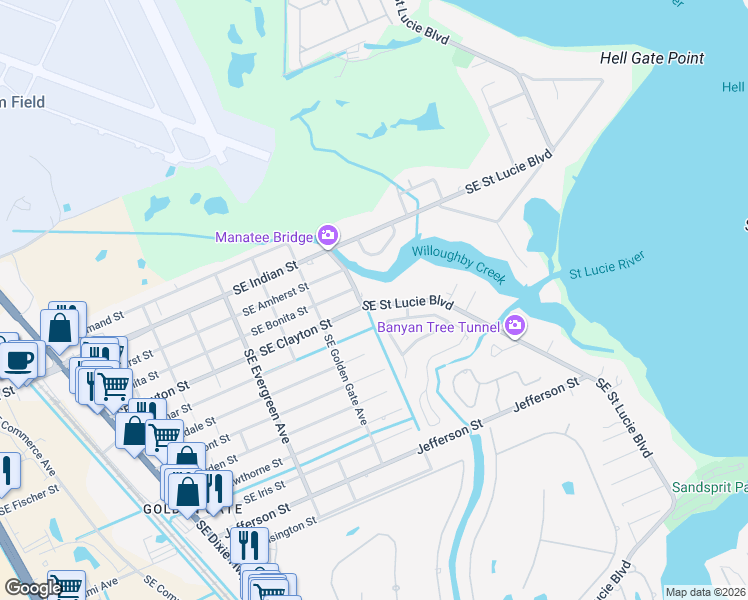 map of restaurants, bars, coffee shops, grocery stores, and more near 2809 Southeast Saint Lucie Boulevard in Stuart