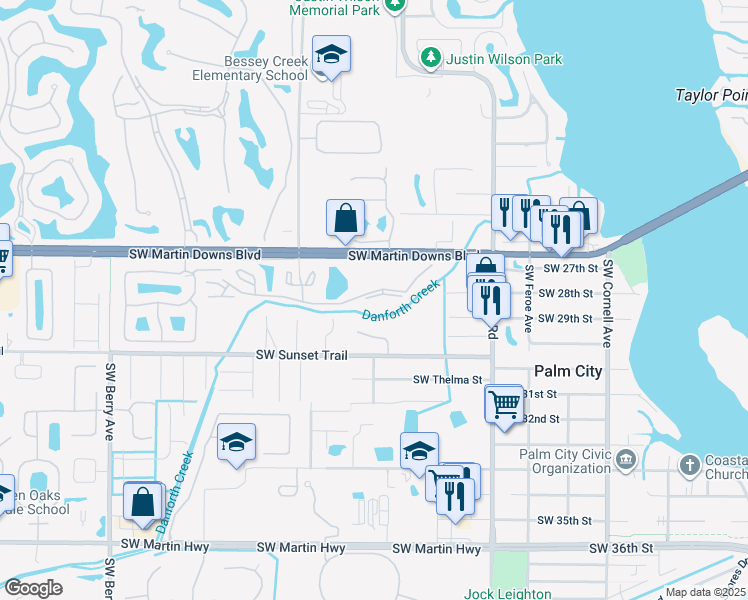 map of restaurants, bars, coffee shops, grocery stores, and more near 1574 Southwest Silver Pine Way in Palm City