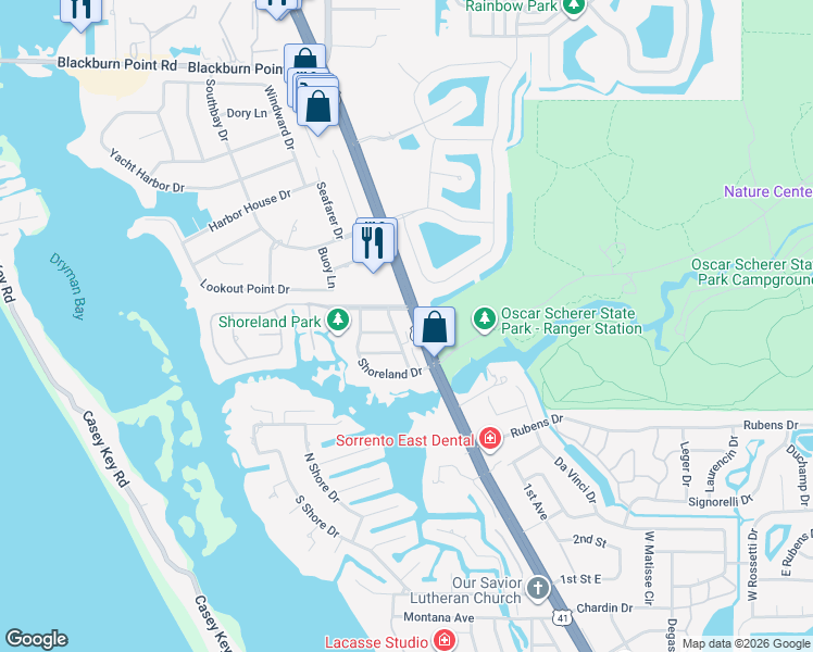 map of restaurants, bars, coffee shops, grocery stores, and more near 1737 Highland Road in Osprey