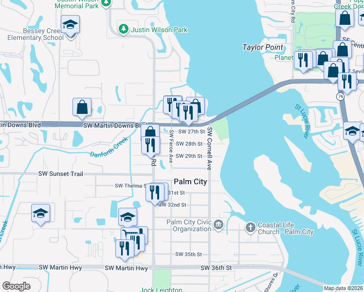 map of restaurants, bars, coffee shops, grocery stores, and more near 1018 Southwest 28th Street in Palm City