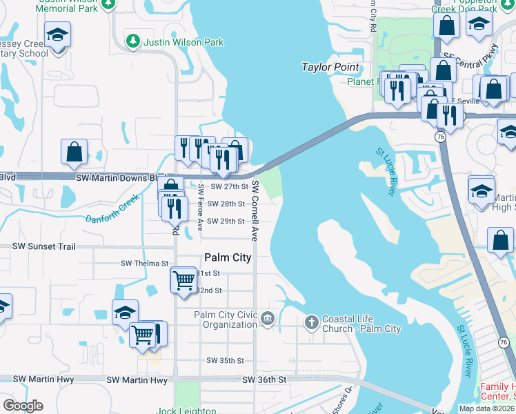 map of restaurants, bars, coffee shops, grocery stores, and more near 771 Southwest 28th Street in Palm City