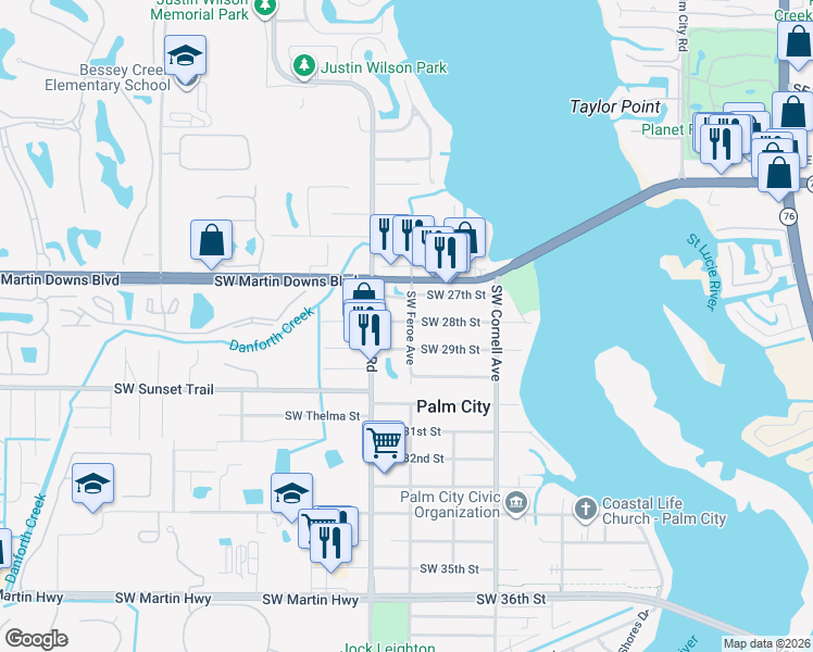 map of restaurants, bars, coffee shops, grocery stores, and more near 1108 Southwest 28th Street in Palm City