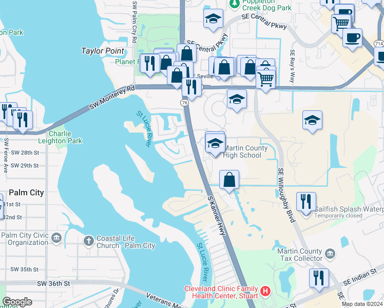 map of restaurants, bars, coffee shops, grocery stores, and more near 2536 Southwest Hideaway Lane in Stuart