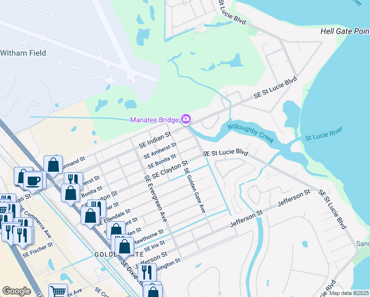 map of restaurants, bars, coffee shops, grocery stores, and more near 3175 Southeast Bonita Street in Stuart