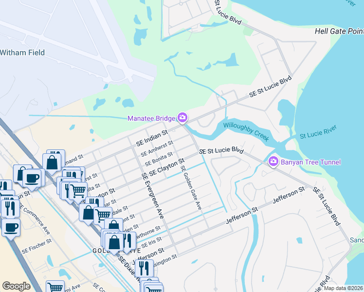 map of restaurants, bars, coffee shops, grocery stores, and more near 3175 Southeast Bonita Street in Stuart