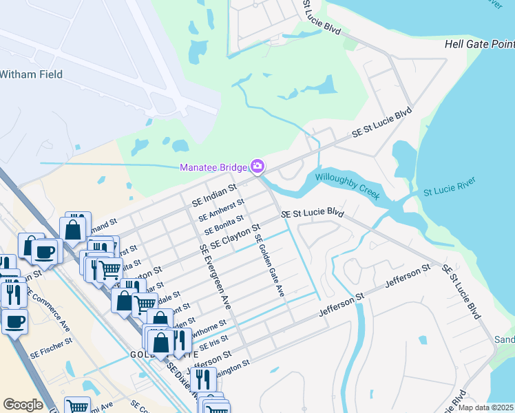 map of restaurants, bars, coffee shops, grocery stores, and more near 3191 Southeast Bonita Street in Stuart