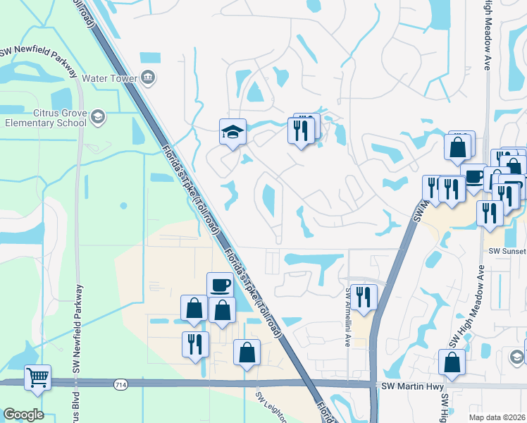 map of restaurants, bars, coffee shops, grocery stores, and more near 2779 Southwest Westlake Circle in Palm City
