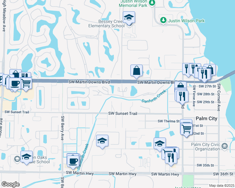 map of restaurants, bars, coffee shops, grocery stores, and more near 2733 Southwest Matheson Avenue in Palm City