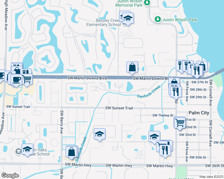 map of restaurants, bars, coffee shops, grocery stores, and more near 2733 Southwest Matheson Avenue in Palm City