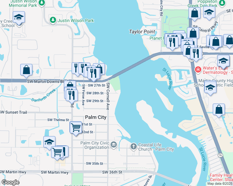 map of restaurants, bars, coffee shops, grocery stores, and more near 771 Southwest 28th Street in Palm City