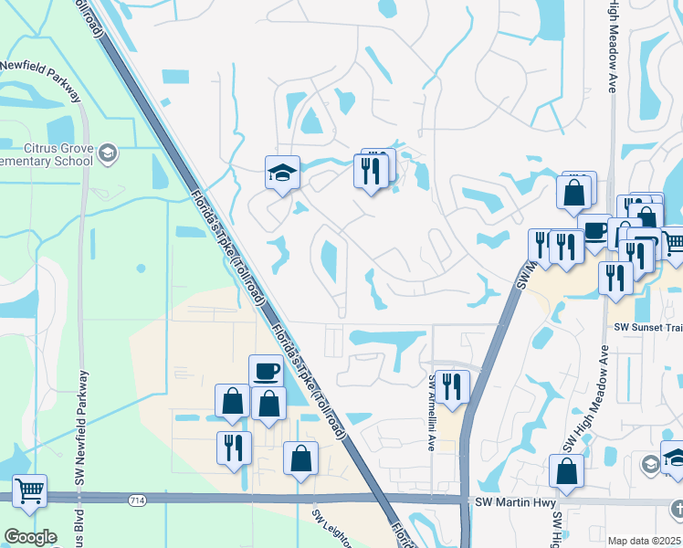 map of restaurants, bars, coffee shops, grocery stores, and more near 2977 Southwest Westlake Circle in Palm City