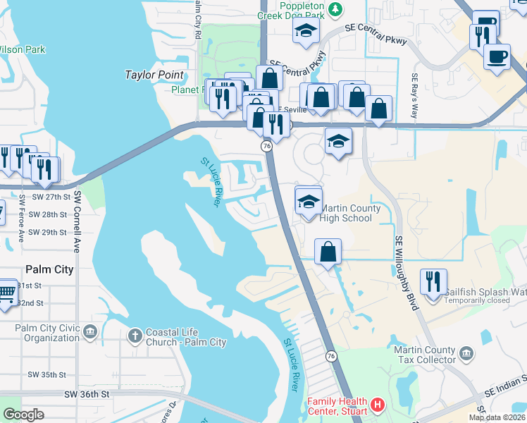 map of restaurants, bars, coffee shops, grocery stores, and more near 2536 Southwest Hideaway Lane in Stuart