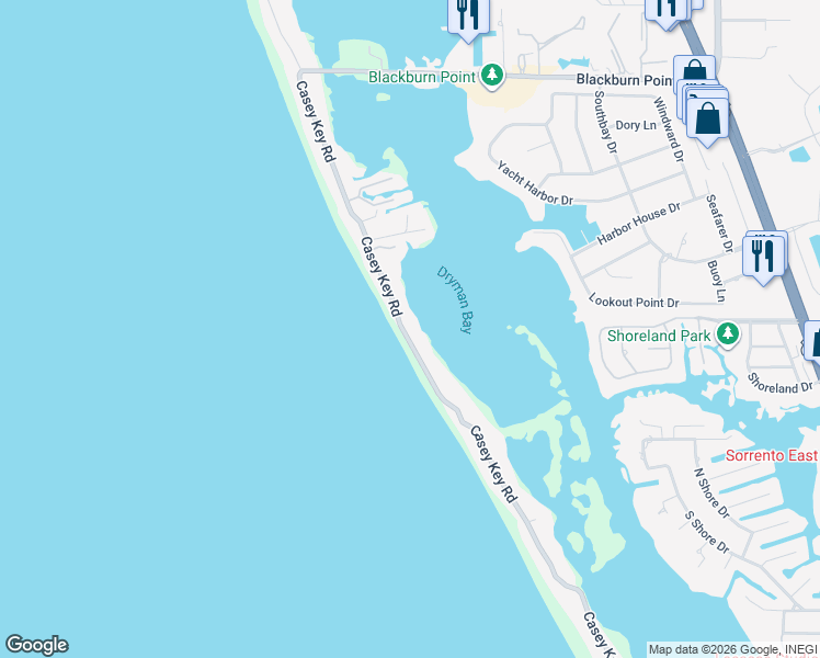 map of restaurants, bars, coffee shops, grocery stores, and more near 3300 Casey Key Road in Nokomis