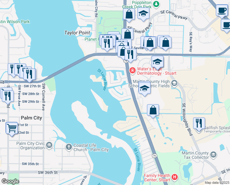 map of restaurants, bars, coffee shops, grocery stores, and more near 119 Southwest Hideaway Place in Stuart