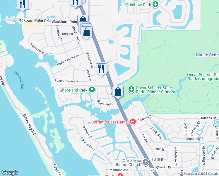 map of restaurants, bars, coffee shops, grocery stores, and more near 1737 Highland Road in Osprey