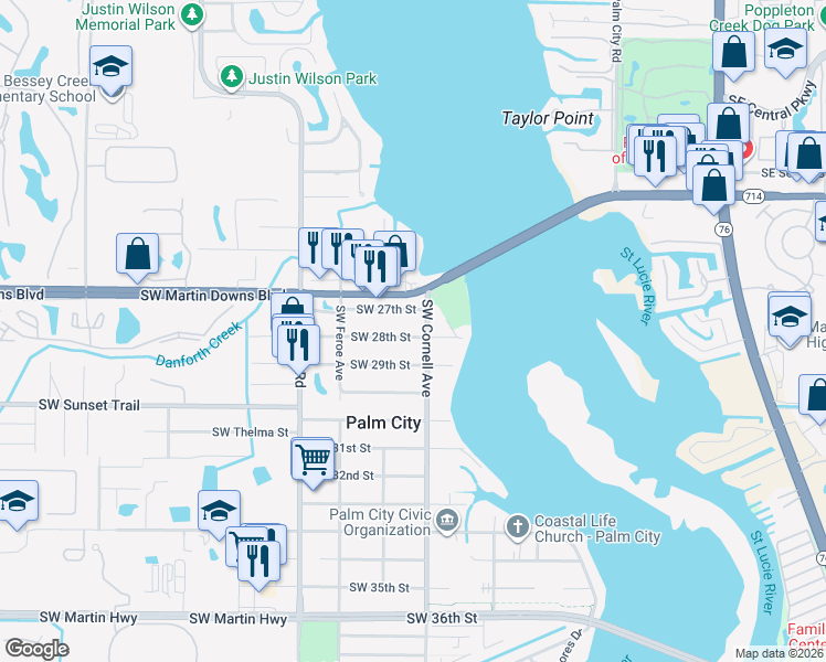 map of restaurants, bars, coffee shops, grocery stores, and more near 877 Southwest 28th Street in Palm City